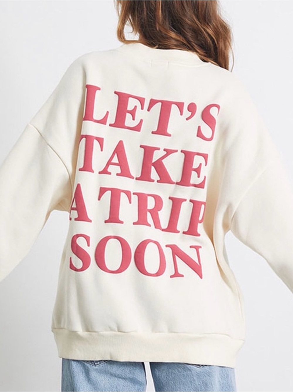 Relaxed Cream Crewneck Sweatshirt with Pink Lettering